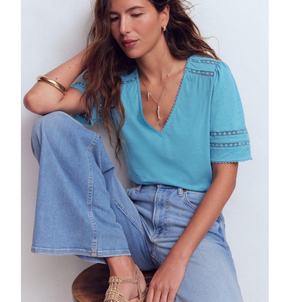 Boden Blue V-Neck Short Sleeve Blouse